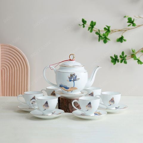 Bộ ấm trà Quyền Vương sen xanh kẻ chỉ vàng in logo
