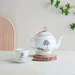 Bộ ấm trà Quyền Vương sen xanh kẻ chỉ vàng in logo