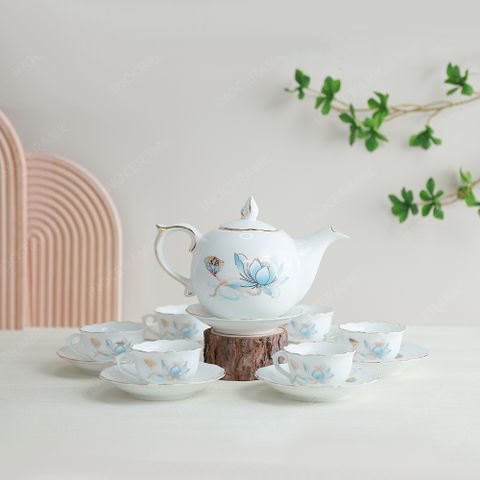 Bộ ấm trà Mẫu Đơn sen xanh kẻ vàng | Quà tặng đối tác
