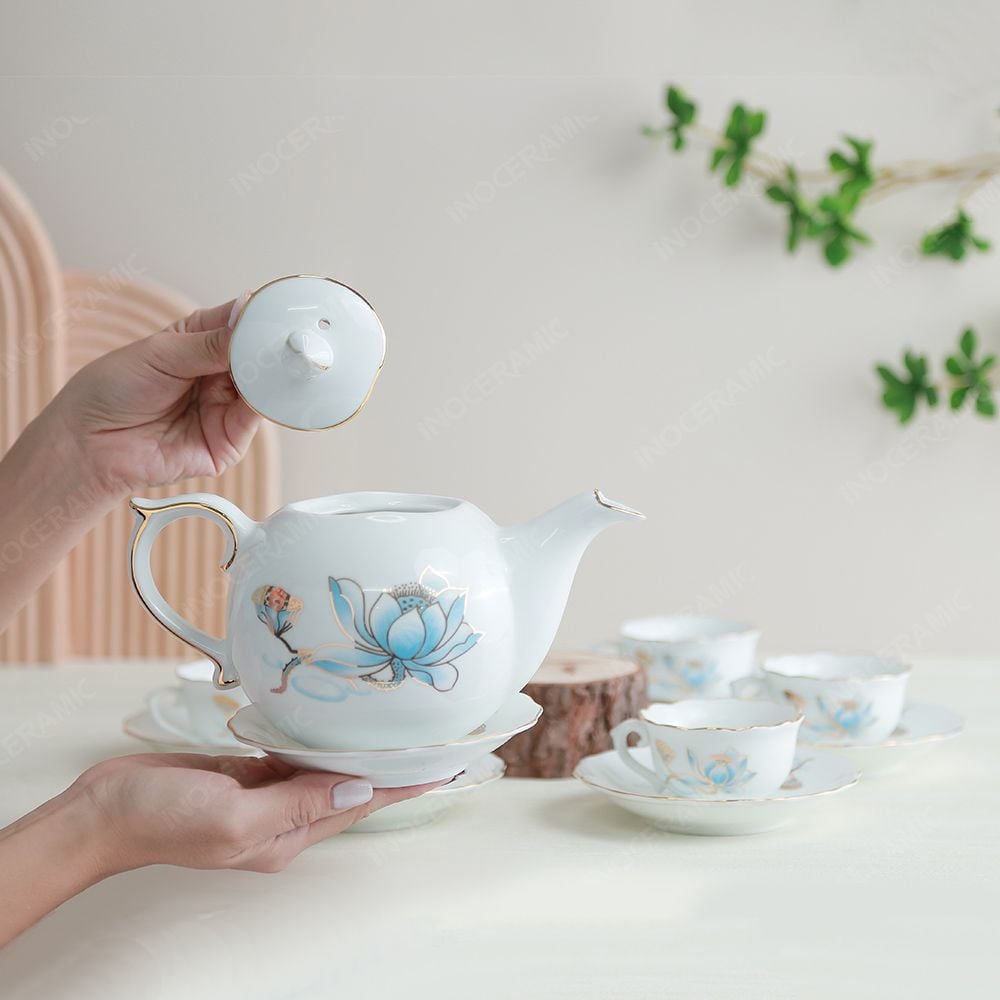 Quà tặng Đại hội Đảng - Bộ ấm trà Mẫu Đơn sen xanh kẻ vàng