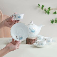 Bộ ấm trà Mẫu Đơn sen xanh kẻ chỉ vàng