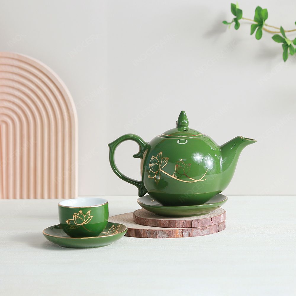 Bộ ấm trà Ngọn lửa men lục sen vàng kẻ vàng