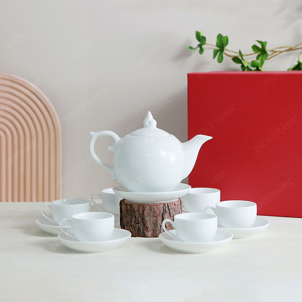 Bộ ấm trà Ngọn lửa men trắng in logo