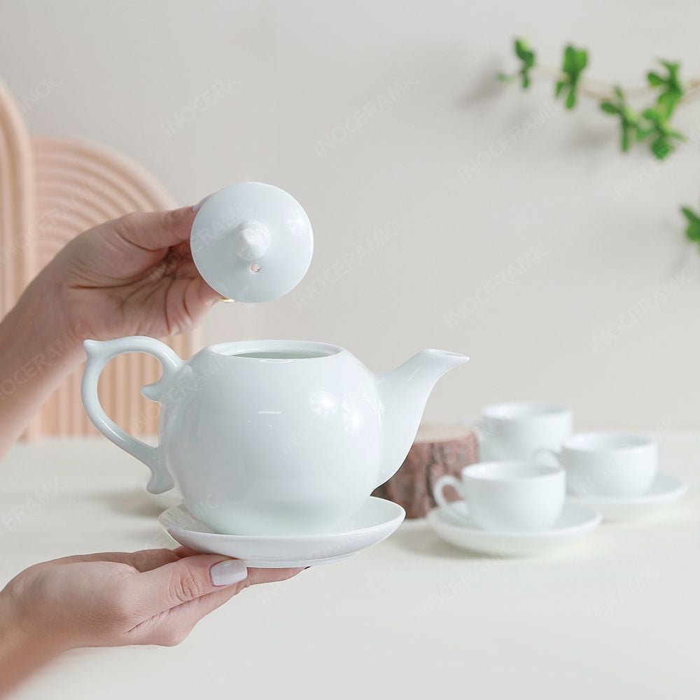 Bộ ấm trà Ngọn lửa men trắng in logo