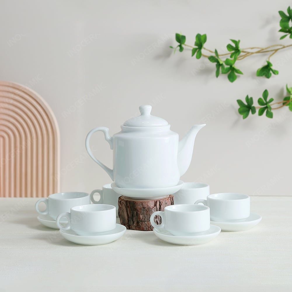 Bộ ấm trà Phúc Tâm men trắng in logo