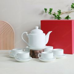 Bộ ấm trà Phúc Tâm men trắng in logo