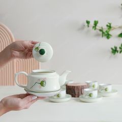 Bộ ấm trà dáng siêu men ngà đài sen vẽ tay