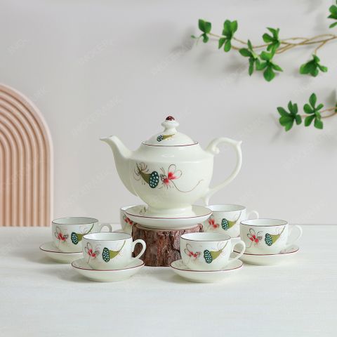 Bộ ấm trà Đèn thần men ngà vẽ chuồn chuồn ớt