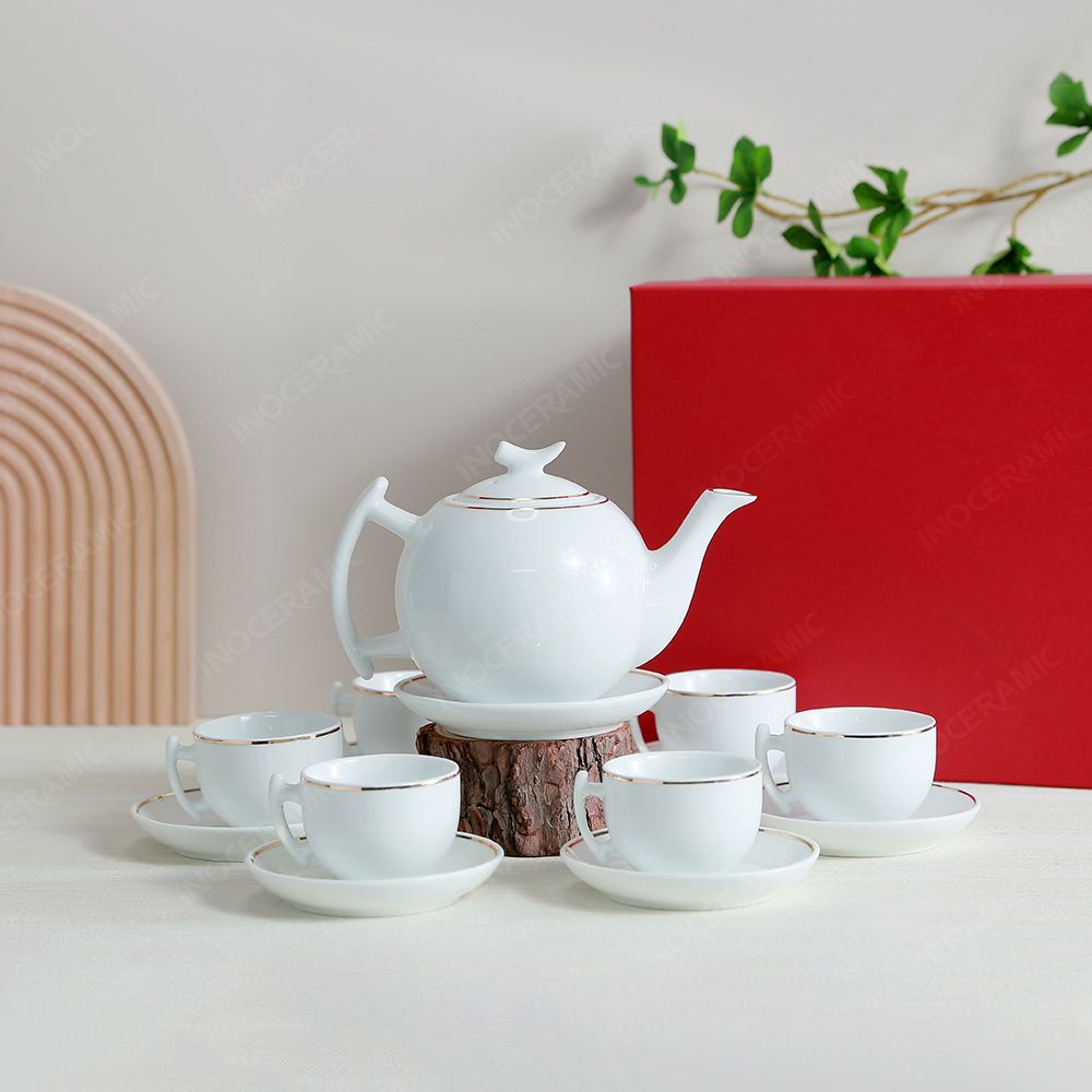 Bộ ấm trà Bưởi cành kẻ chỉ vàng in logo