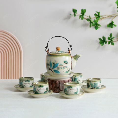 Bộ ấm trà quai đồng men lam hoa trúc đào vẽ tay