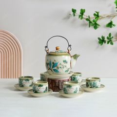 Bộ ấm trà quai đồng men lam hoa trúc đào vẽ tay