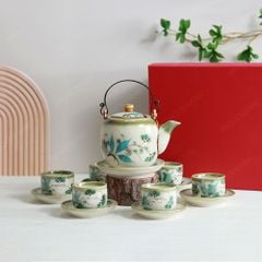 Bộ ấm trà quai đồng men lam hoa trúc đào vẽ tay