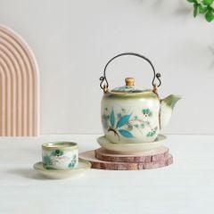 Bộ ấm trà quai đồng men lam hoa trúc đào vẽ tay