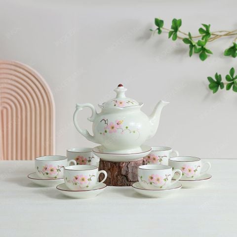 Bộ ấm trà Đài Các men ngà hoa đào hồng vẽ tay