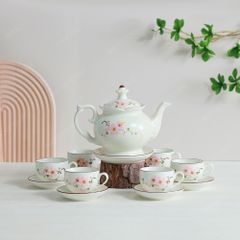 Bộ ấm trà Đài Các men ngà hoa đào hồng vẽ tay