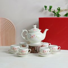 Bộ ấm trà Đài Các men ngà hoa đào hồng vẽ tay