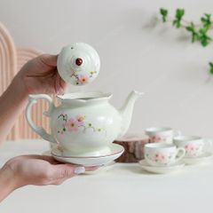 Bộ ấm trà Đài Các men ngà hoa đào hồng vẽ tay