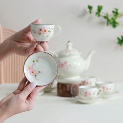 Bộ ấm trà Đài Các men ngà hoa đào hồng vẽ tay