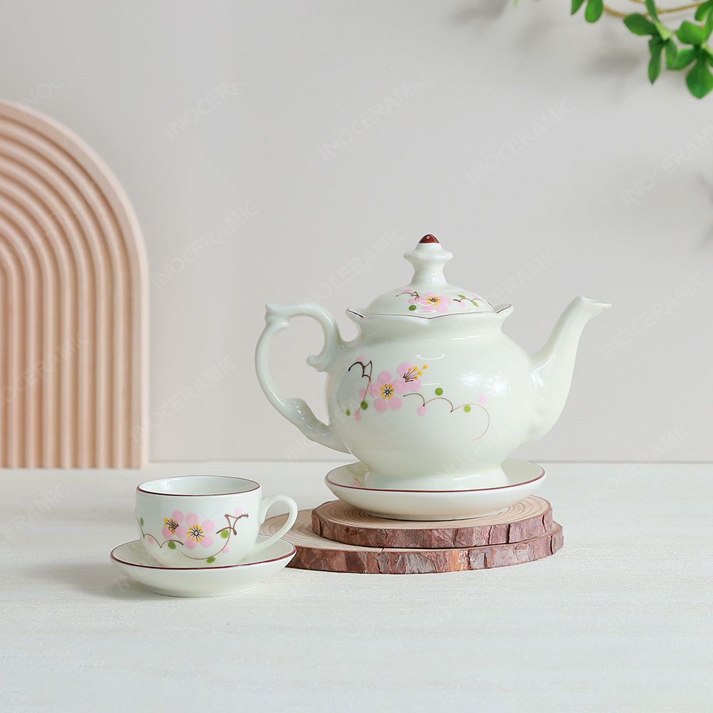 Bộ ấm trà Đài Các men ngà hoa đào hồng vẽ tay
