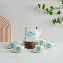 Bộ trà ấm vuông quai đồng men ngà sen xanh vẽ tay