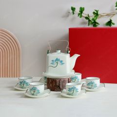 Bộ trà ấm vuông quai đồng men ngà sen xanh vẽ tay