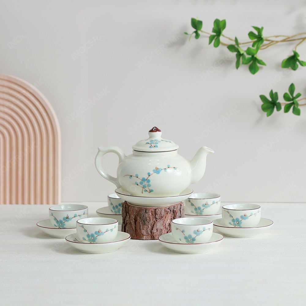 Bộ ấm trà ba men ngà hoa đào xanh vẽ tay
