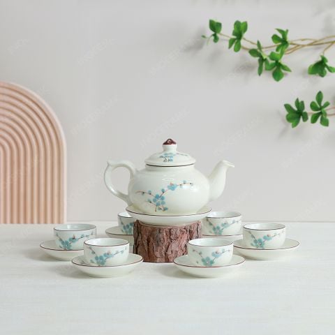 Bộ ấm trà ba men ngà hoa đào xanh vẽ tay