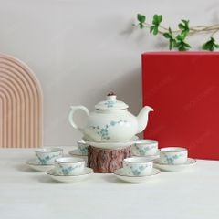 Bộ ấm trà ba men ngà hoa đào xanh vẽ tay