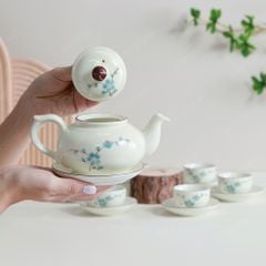 Bộ ấm trà ba men ngà hoa đào xanh vẽ tay
