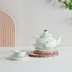 Bộ ấm trà ba men ngà hoa đào xanh vẽ tay
