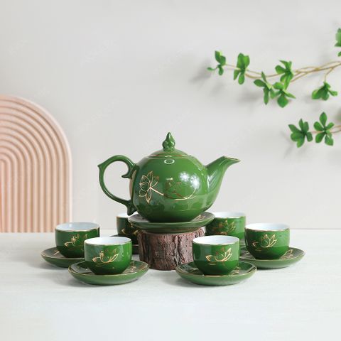 Bộ ấm trà Ngọn lửa men lục sen vàng kẻ vàng