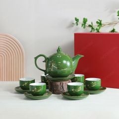 Bộ ấm trà Ngọn lửa men lục sen vàng kẻ vàng