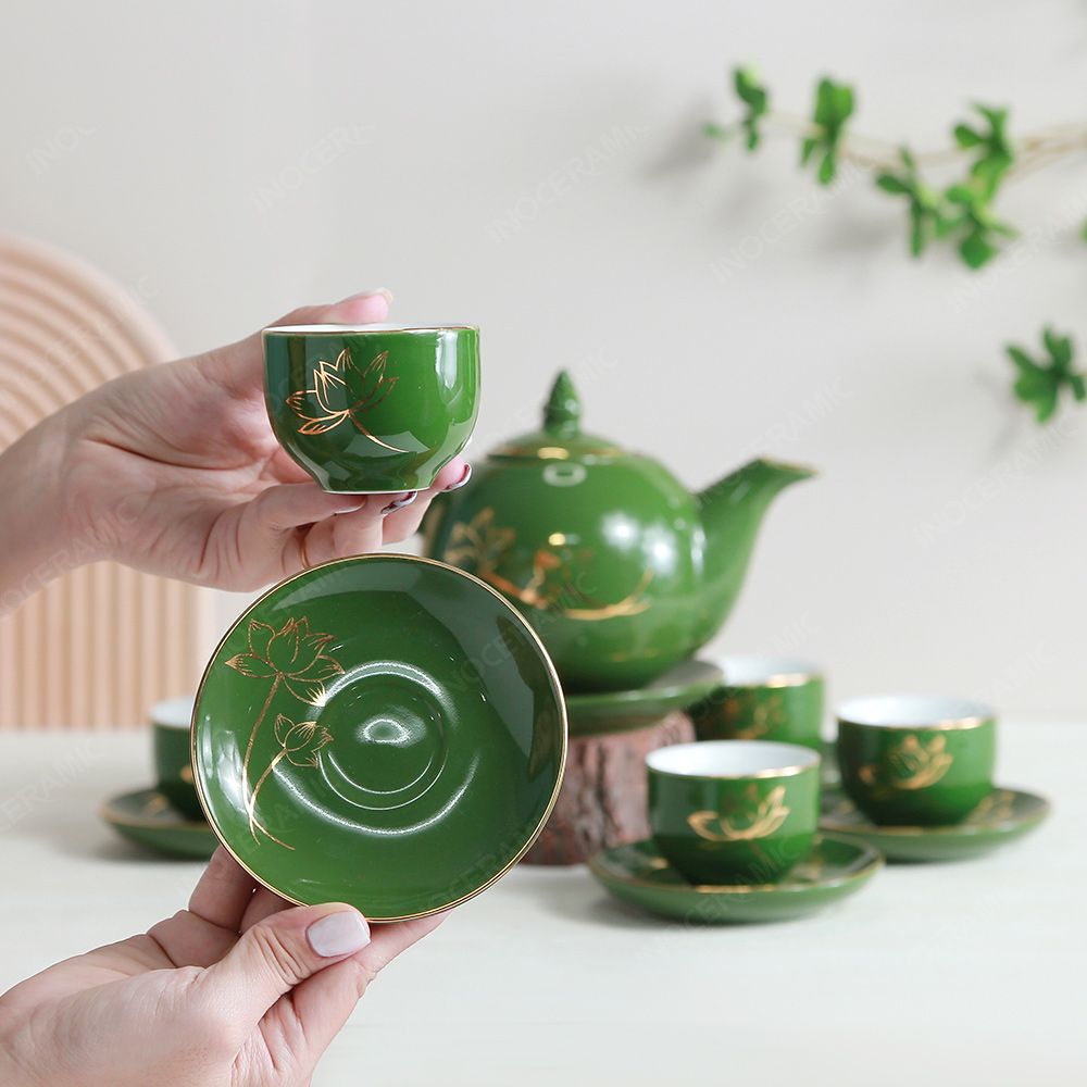 Bộ ấm trà Ngọn lửa men lục sen vàng kẻ vàng