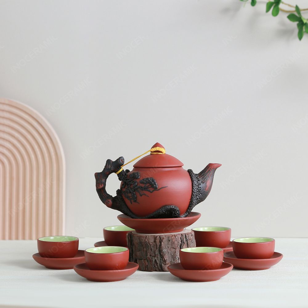 Bộ ấm trà Châu Hoa tử sa đỏ đắp nổi cành tùng