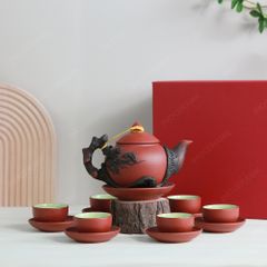 Bộ ấm trà Châu Hoa tử sa đỏ đắp nổi cành tùng