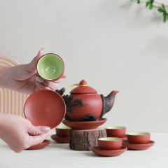 Bộ ấm trà Châu Hoa tử sa đỏ đắp nổi cành tùng