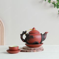 Bộ ấm trà Châu Hoa tử sa đỏ đắp nổi cành tùng