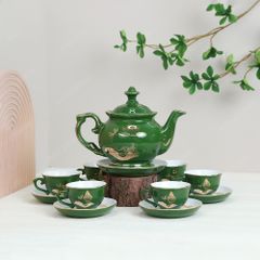 Bộ ấm trà Đài Các miệng lượn men lục sen chuồn vẽ vàng