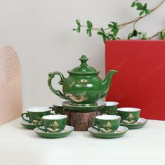 Bộ ấm trà Đài Các miệng lượn men lục sen chuồn vẽ vàng
