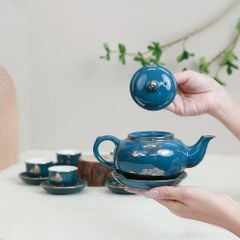 Bộ ấm trà ba men lam sen vàng