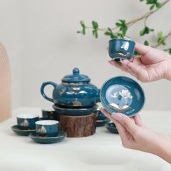 Bộ ấm trà ba men lam sen vàng