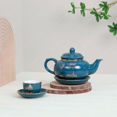 Bộ ấm trà ba men lam sen vàng