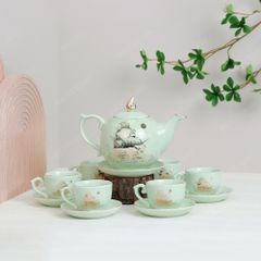 Bộ ấm trà Mẫu Đơn men ngọc Thuận buồm chỉ vàng