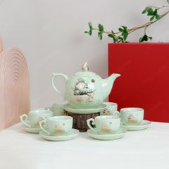 Bộ ấm trà Mẫu Đơn men ngọc Thuận buồm chỉ vàng