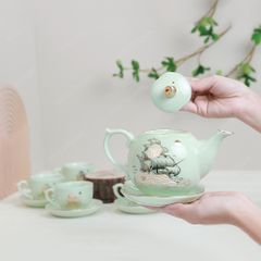 Bộ ấm trà Mẫu Đơn men ngọc Thuận buồm chỉ vàng