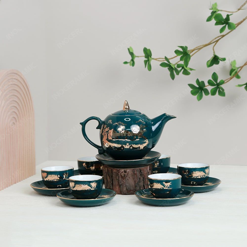 Bộ ấm trà Ngọn lửa men lam Hào gia phú quý kẻ vàng