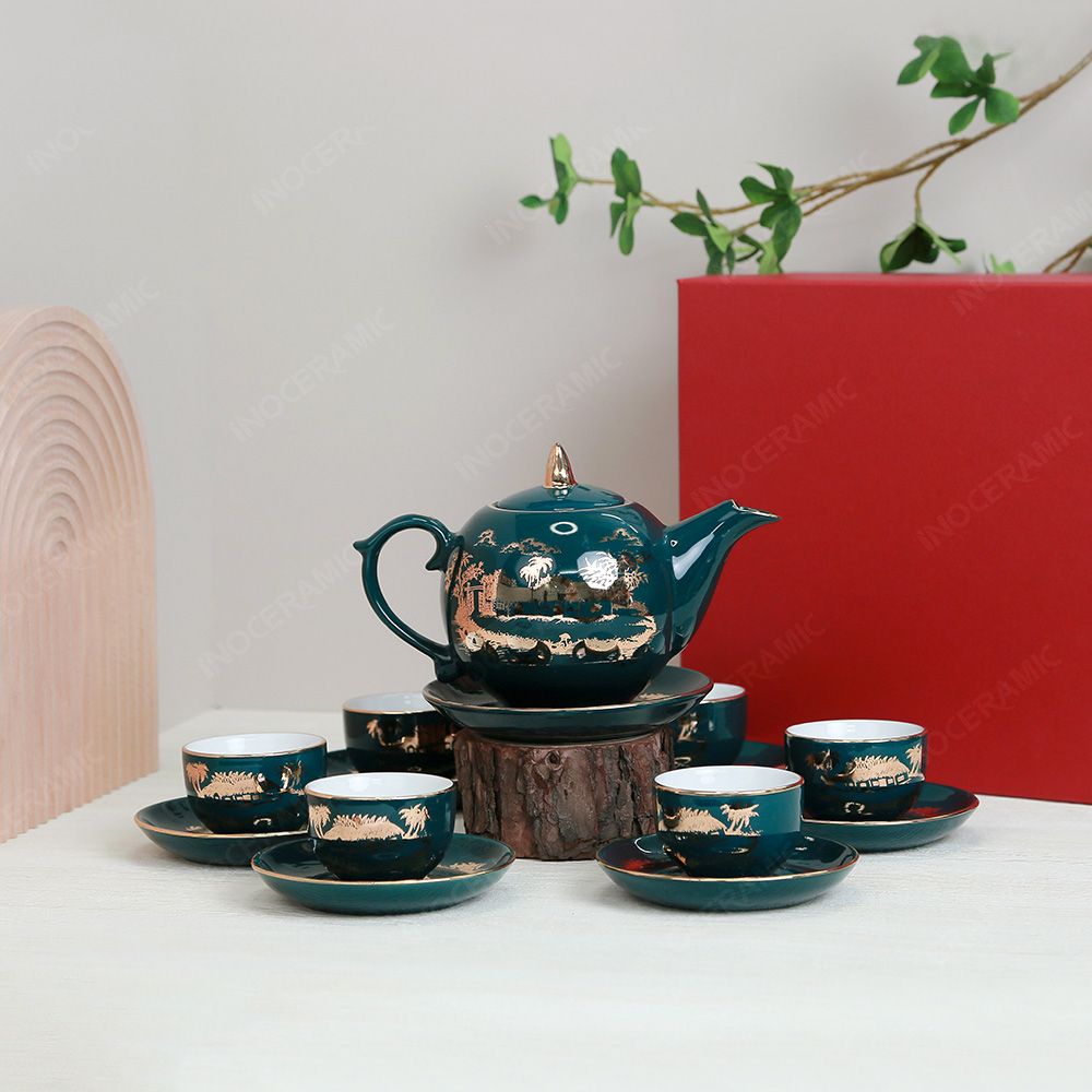 Bộ ấm trà Ngọn lửa men lam sen vàng kẻ vàng