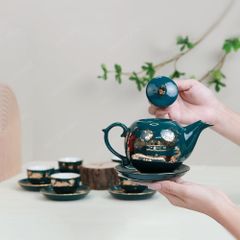 Bộ ấm trà Ngọn lửa men lam sen vàng kẻ vàng