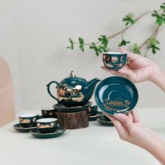 Bộ ấm trà Ngọn lửa men lam Hào gia phú quý kẻ vàng