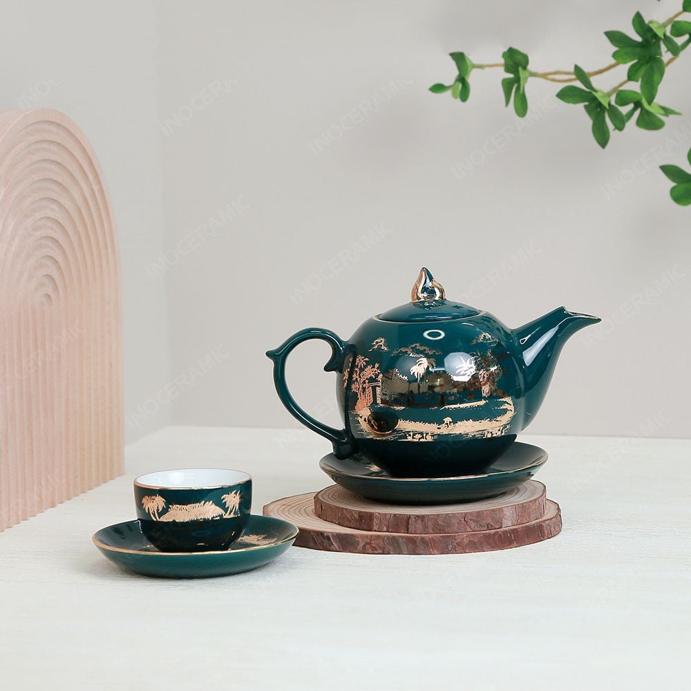 Bộ ấm trà Ngọn lửa men lam sen vàng kẻ vàng